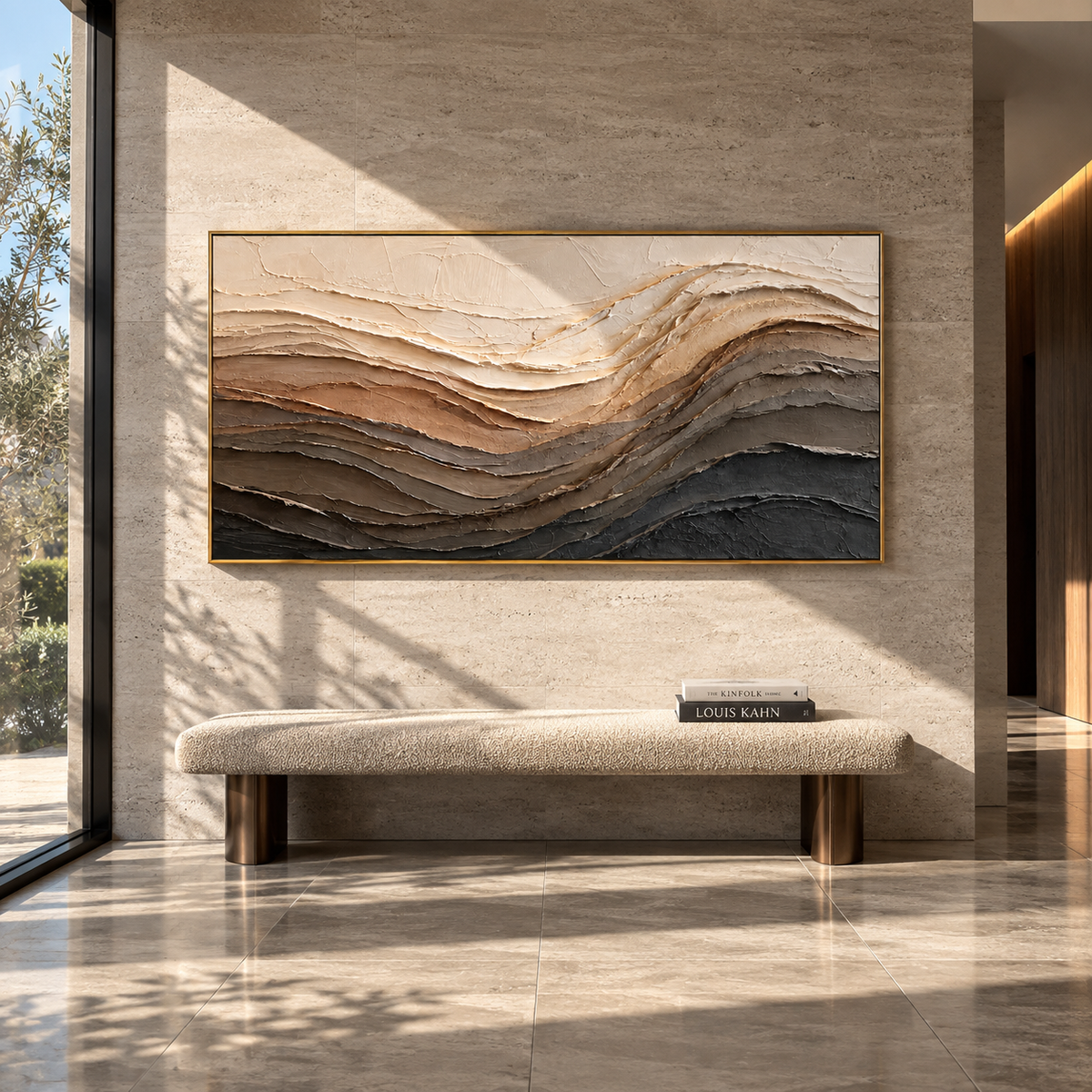 Earth Layers Rise textured wall art shown above contemporary furnishings