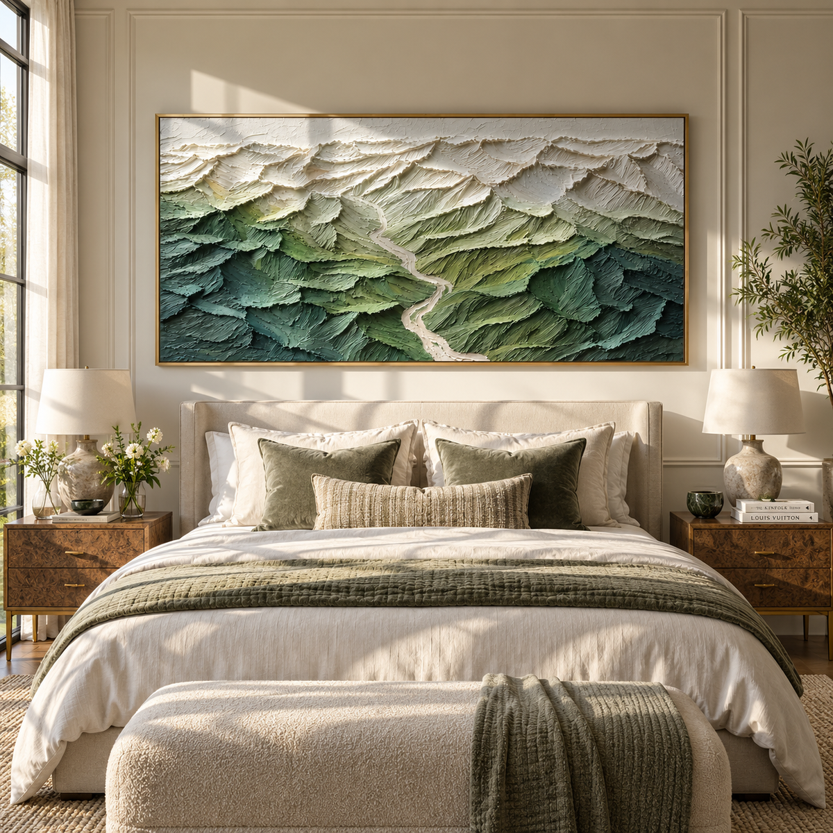 Forest Ridges From Above green mountain relief landscape painting displayed in a modern interior