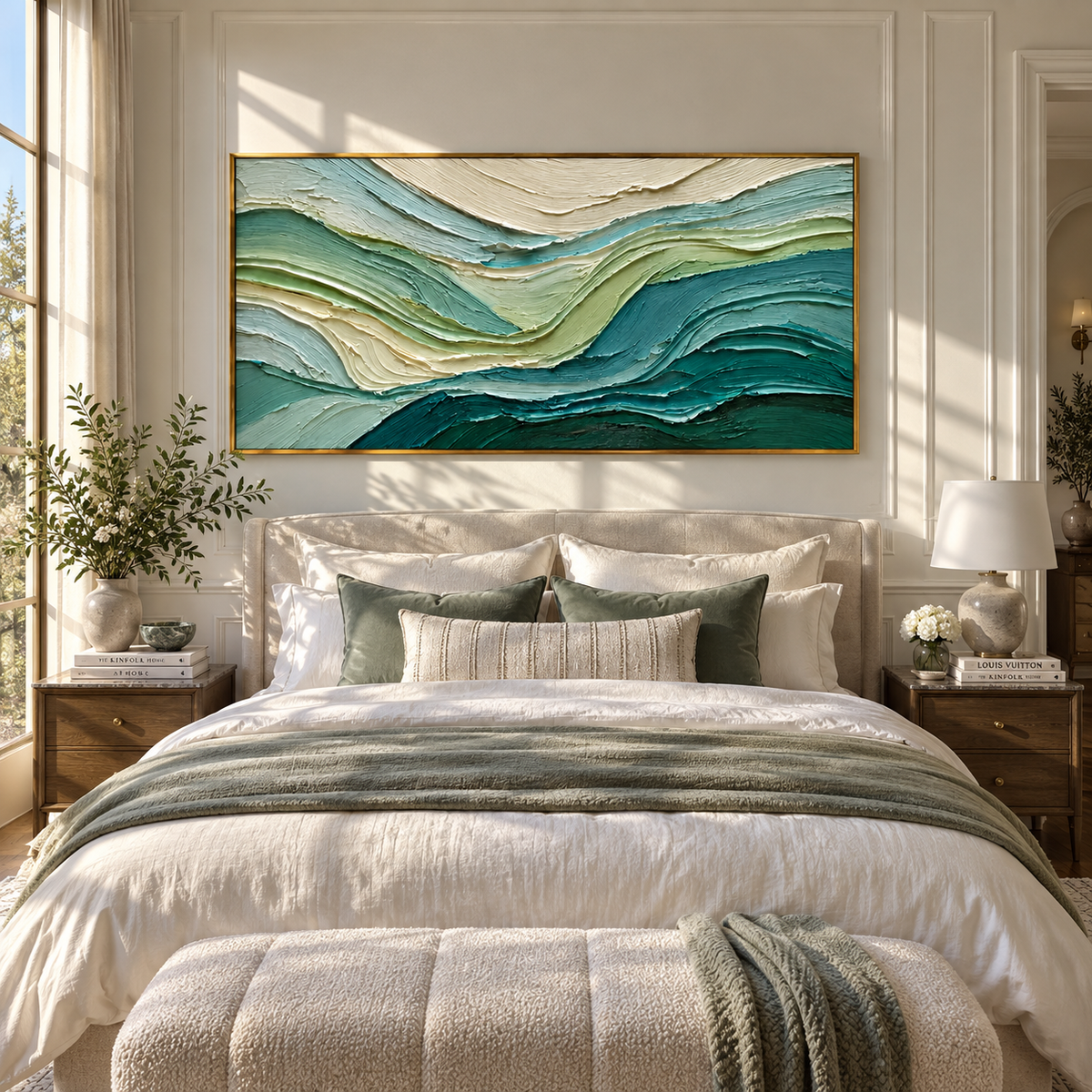 Teal Tides in Motion teal green wave textured painting displayed in a modern interior