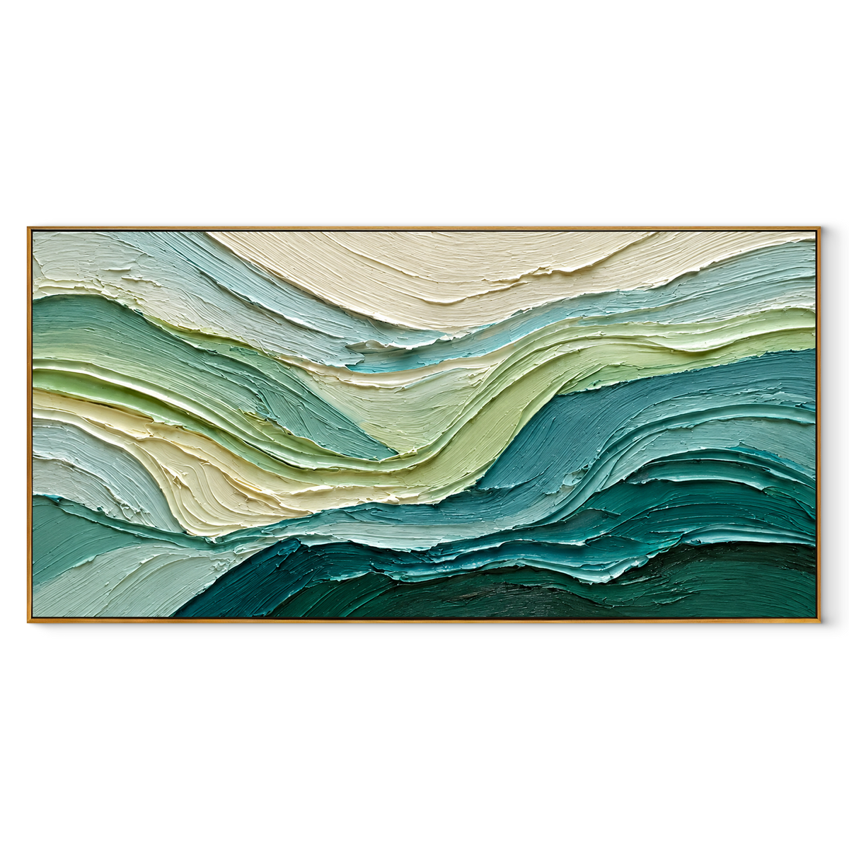 Teal Tides in Motion panoramic canvas artwork in a wood frame on white