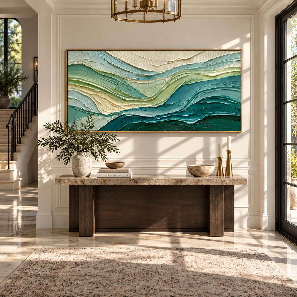Teal Tides in Motion textured wall art shown above contemporary furnishings