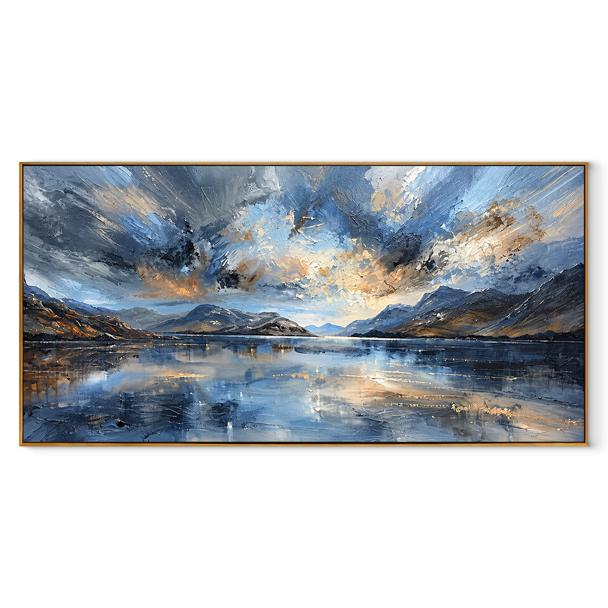 Storm Light Across Water panoramic canvas artwork in a wood frame on white