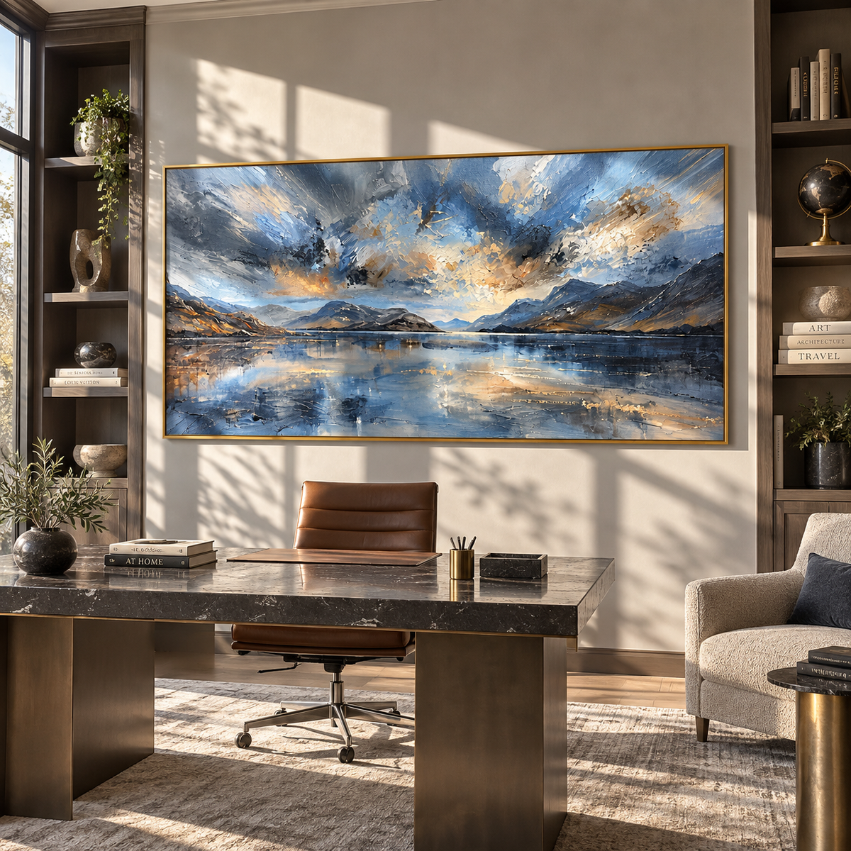 Storm Light Across Water displayed with natural materials and modern decor