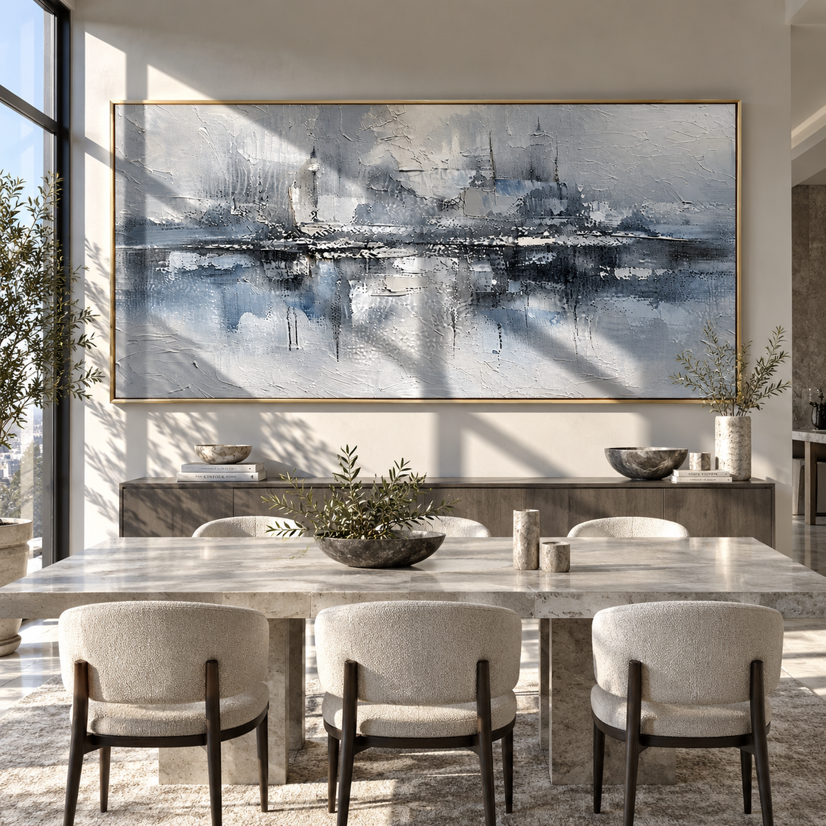 Harbor Forms in Mist gray white abstract harbor painting displayed in a modern interior