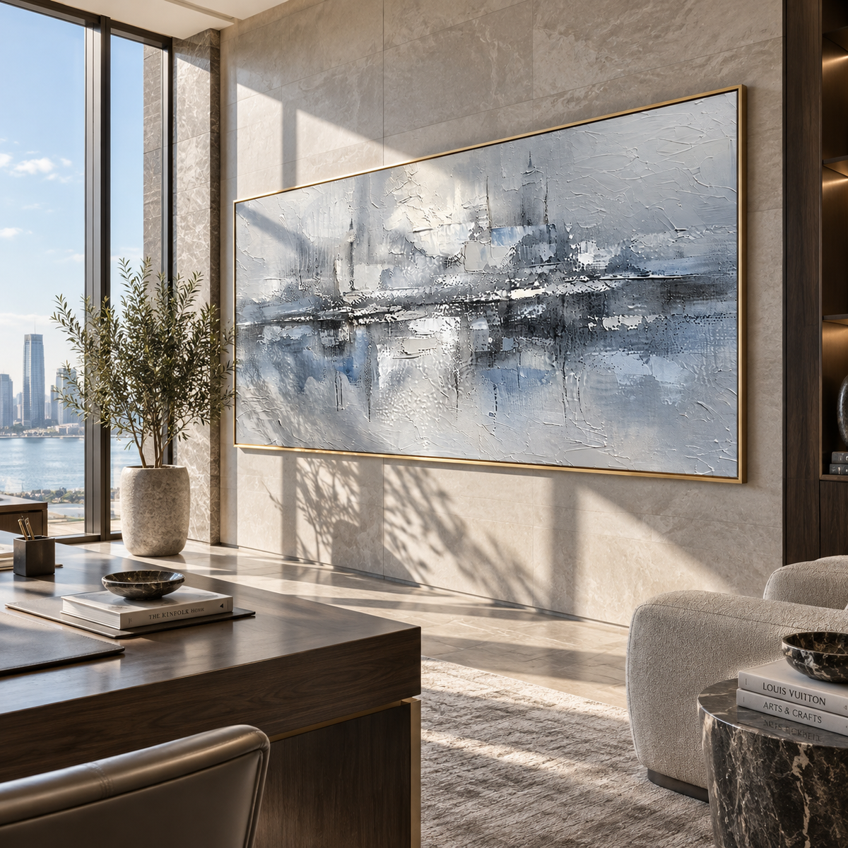 Harbor Forms in Mist textured wall art shown above contemporary furnishings