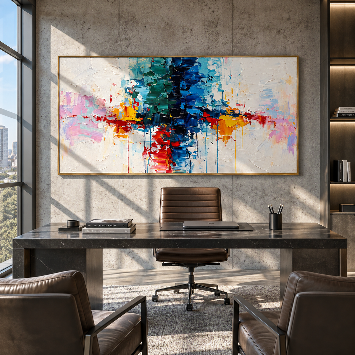 Color Crosses the Silence colorful geometric abstract painting displayed in a modern interior
