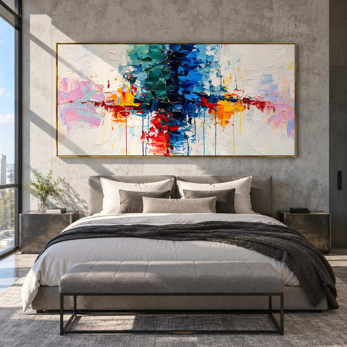 Color Crosses the Silence textured wall art shown above contemporary furnishings