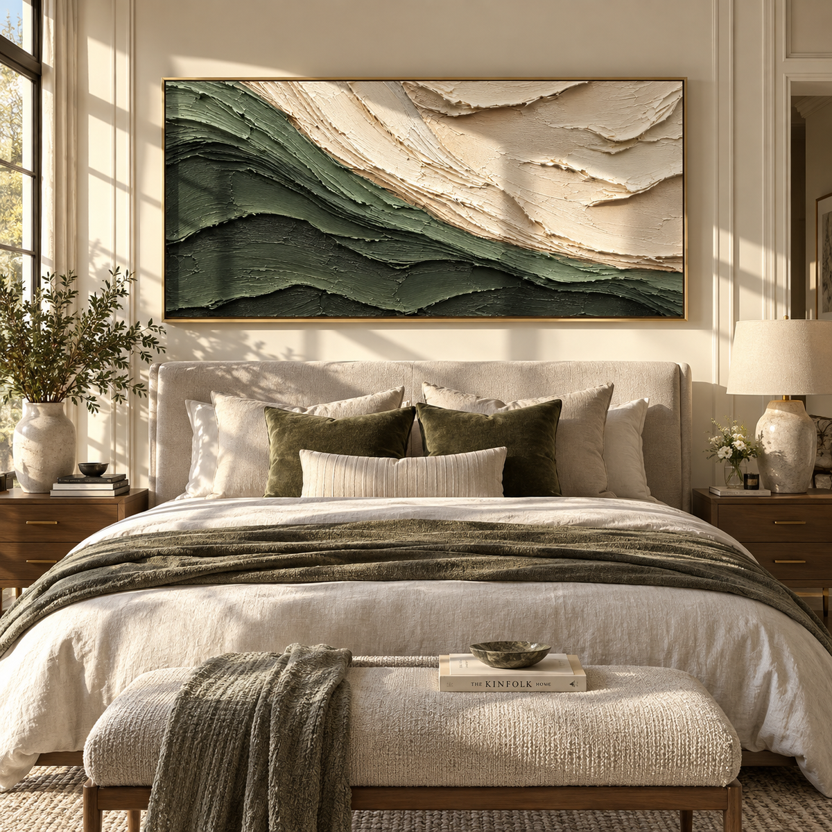 Forest Layers Under Snow green white layered abstract painting displayed in a modern interior