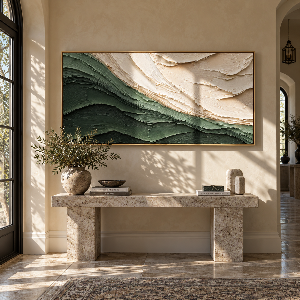 Forest Layers Under Snow textured wall art shown above contemporary furnishings
