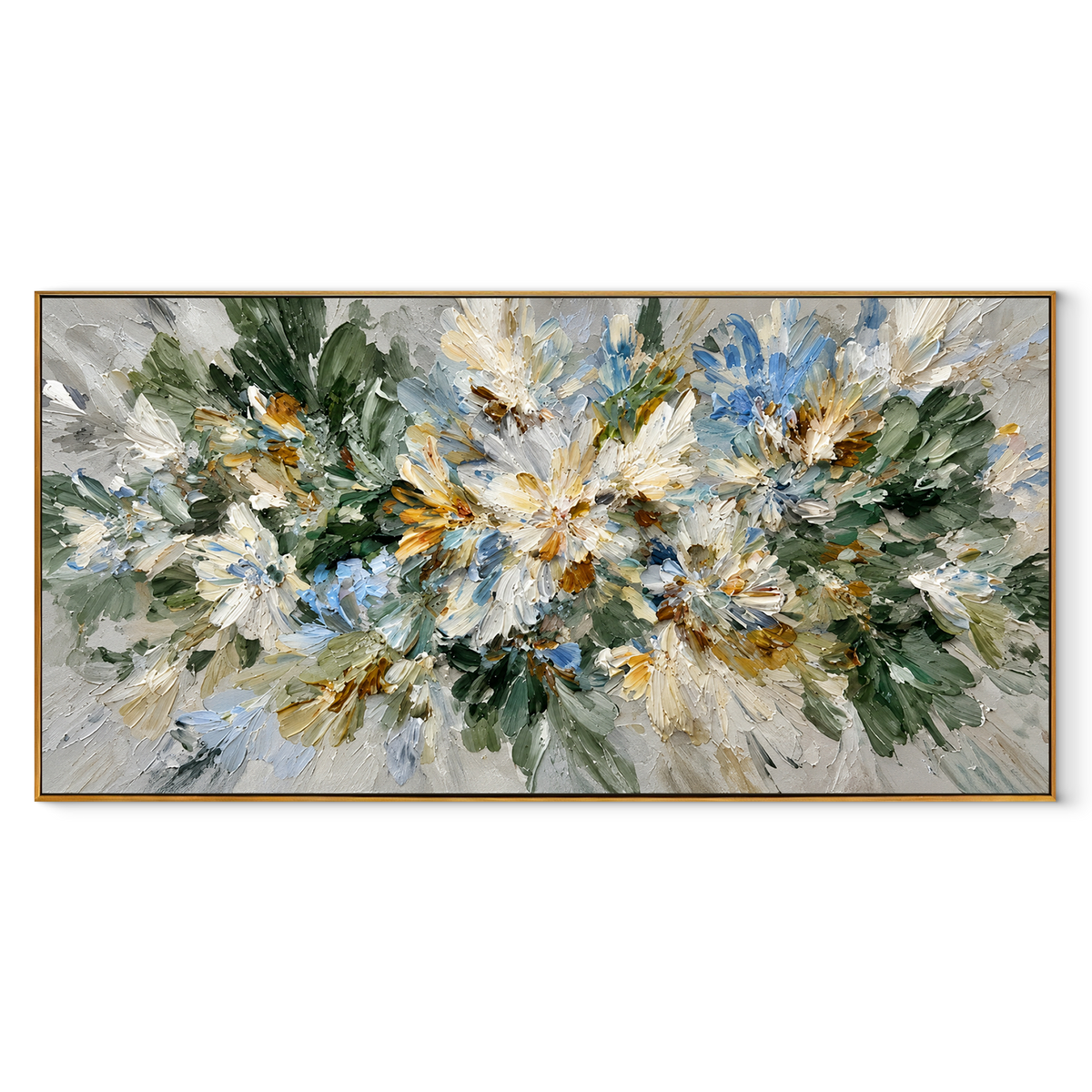 White Blossoms Gather panoramic canvas artwork in a wood frame on white