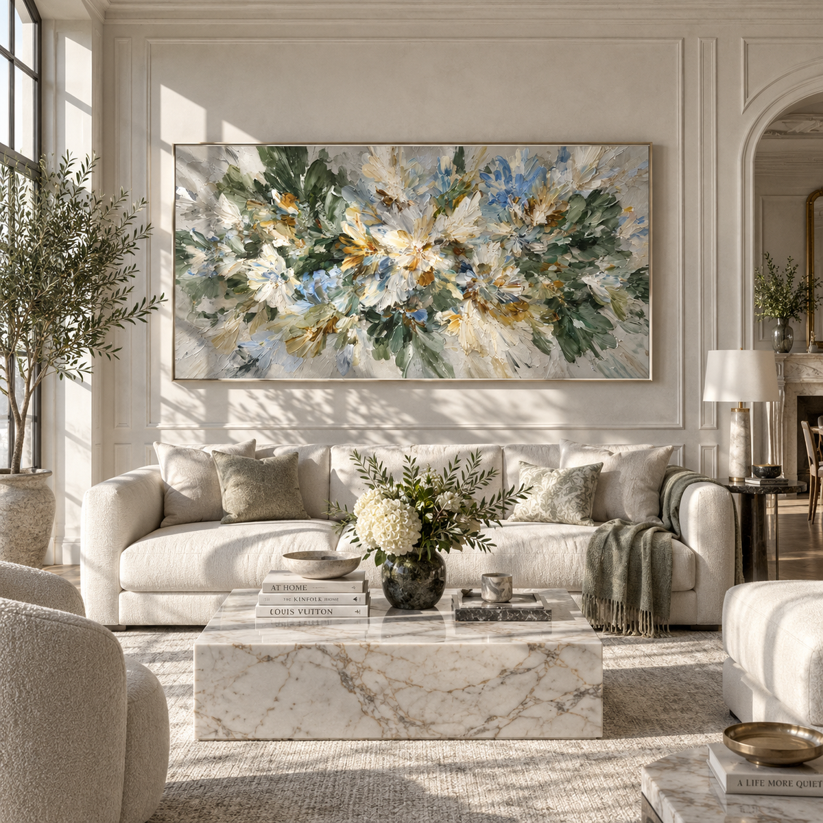 White Blossoms Gather wide painting styled as a refined focal point