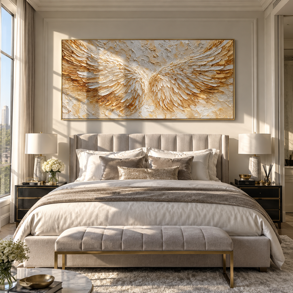 Wings Open Into Light white gold wing relief painting displayed in a modern interior