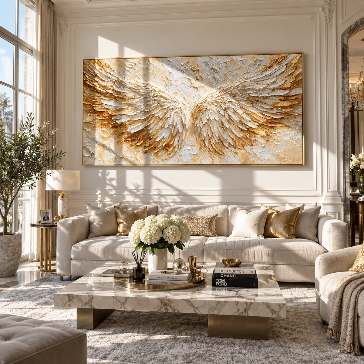 Wings Open Into Light wide painting styled as a refined focal point