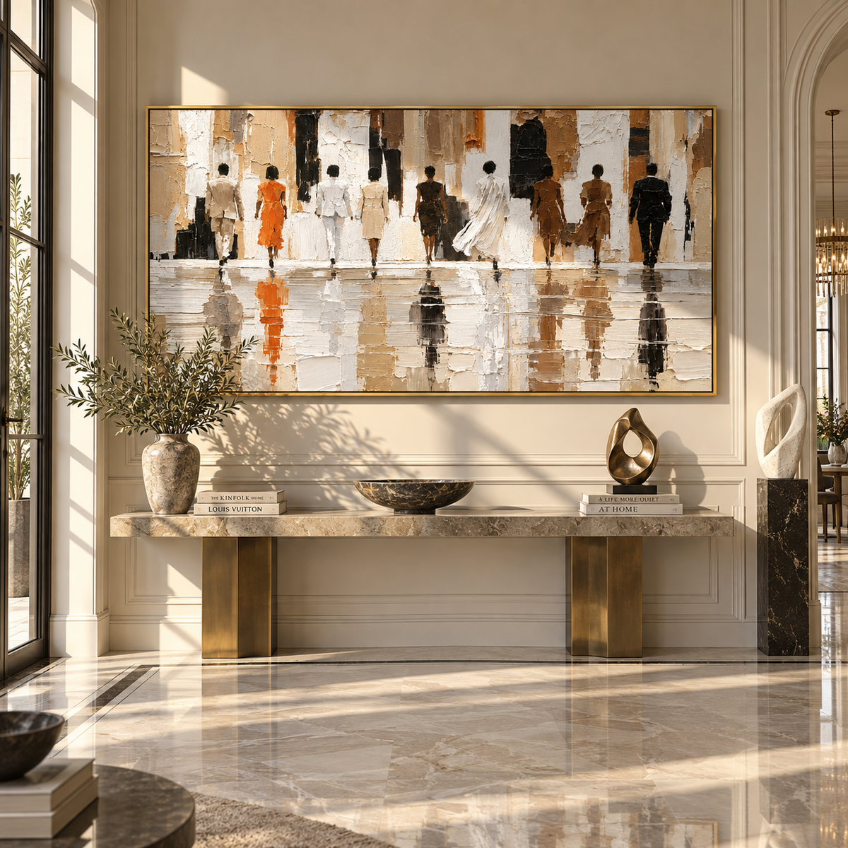 Figures Cross Rainlit Hall textured wall art shown above contemporary furnishings