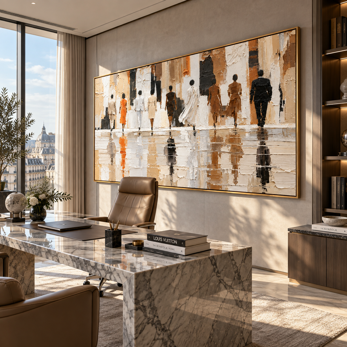 Figures Cross Rainlit Hall presented in an alternate room setting