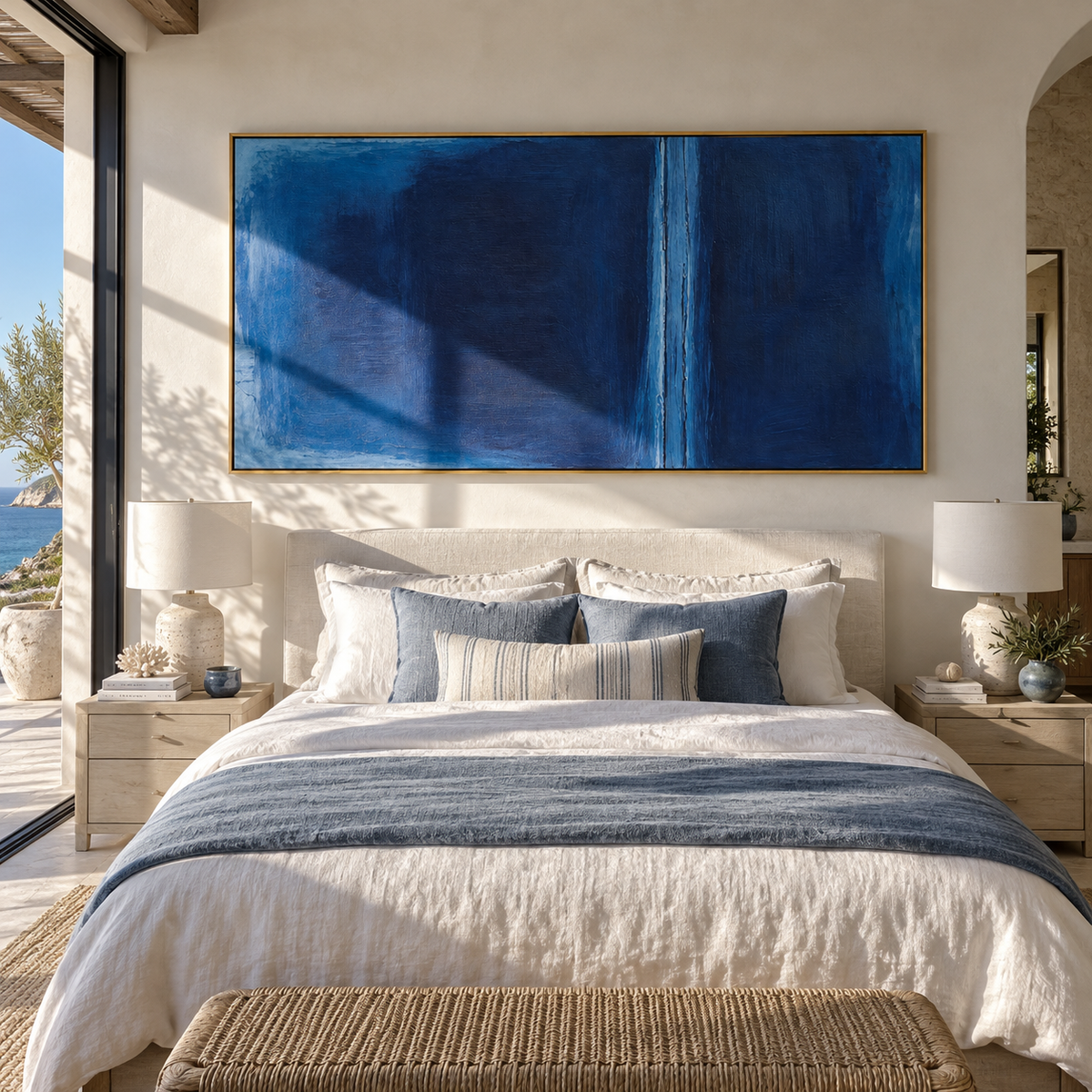 Blue Divide at Midnight deep blue minimalist abstract painting displayed in a modern interior