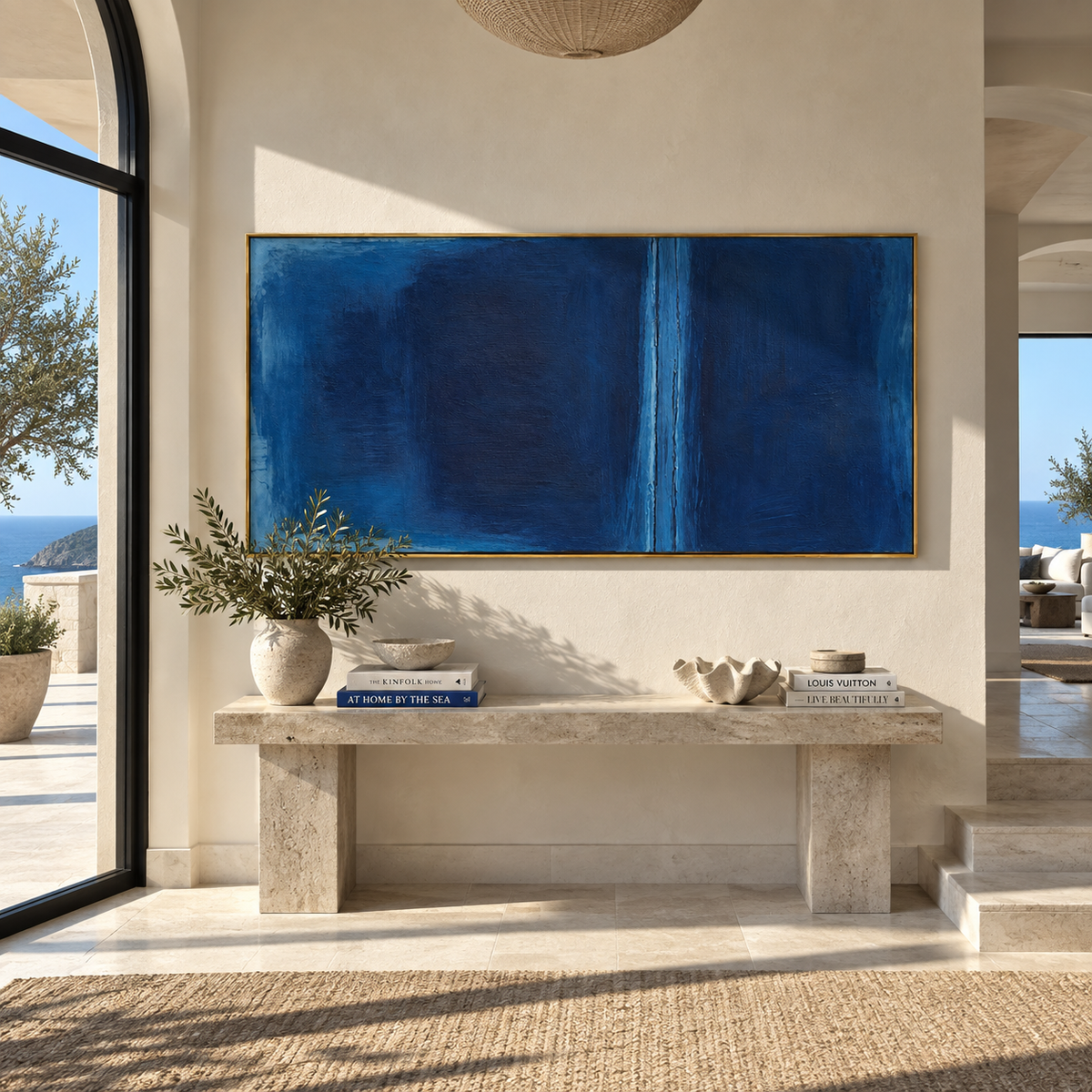 Blue Divide at Midnight textured wall art shown above contemporary furnishings