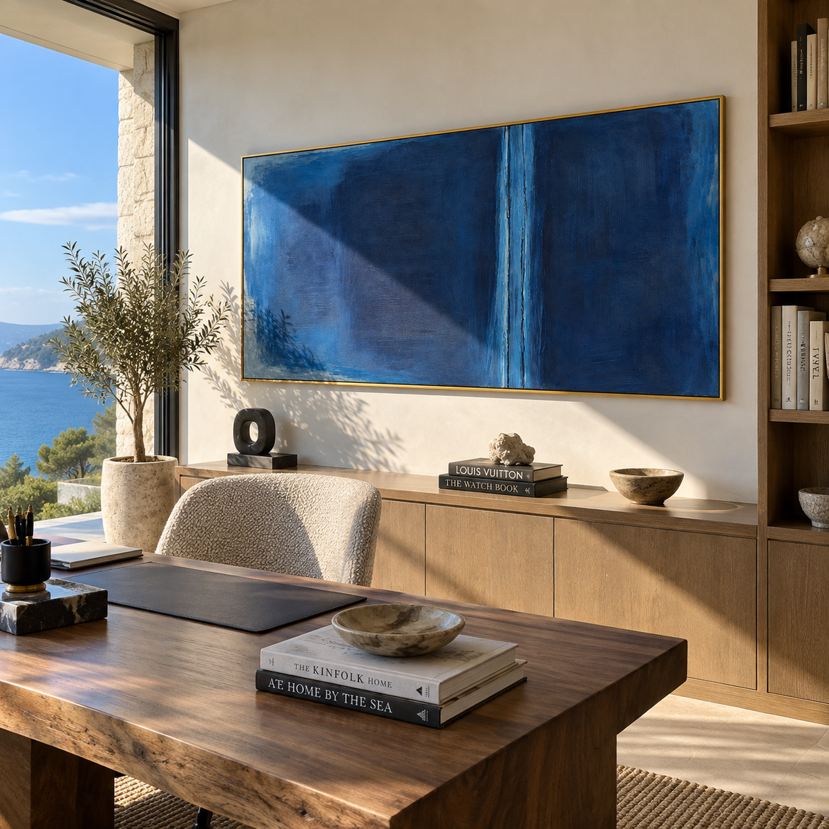 Blue Divide at Midnight displayed with natural materials and modern decor