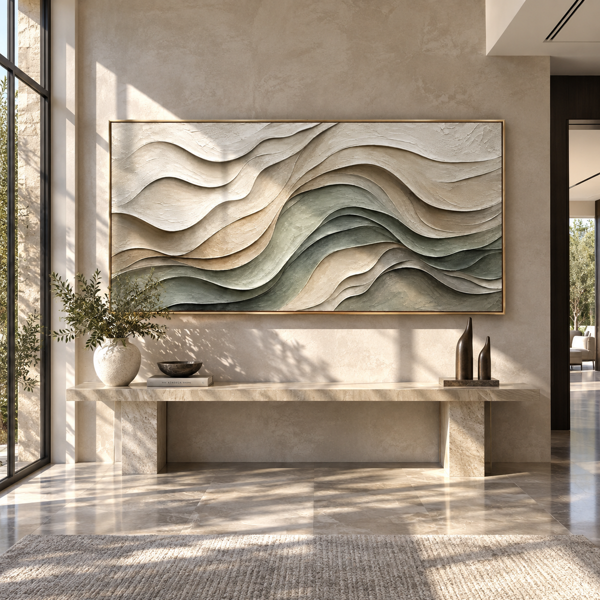 Sage Contours Fold textured wall art shown above contemporary furnishings
