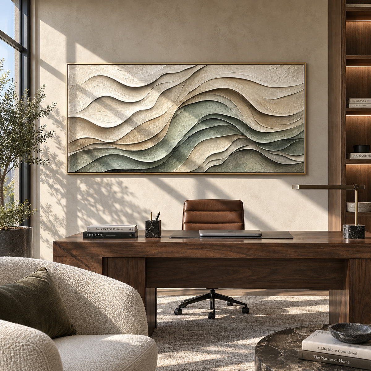 Sage Contours Fold displayed with natural materials and modern decor