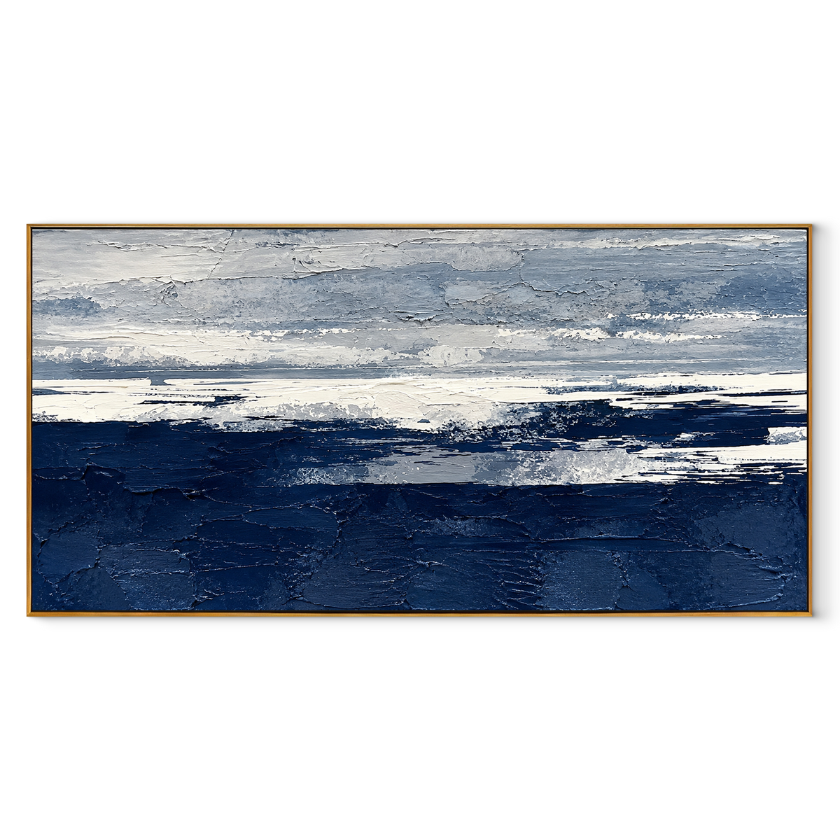 Deep Blue Shoreline panoramic canvas artwork in a wood frame on white