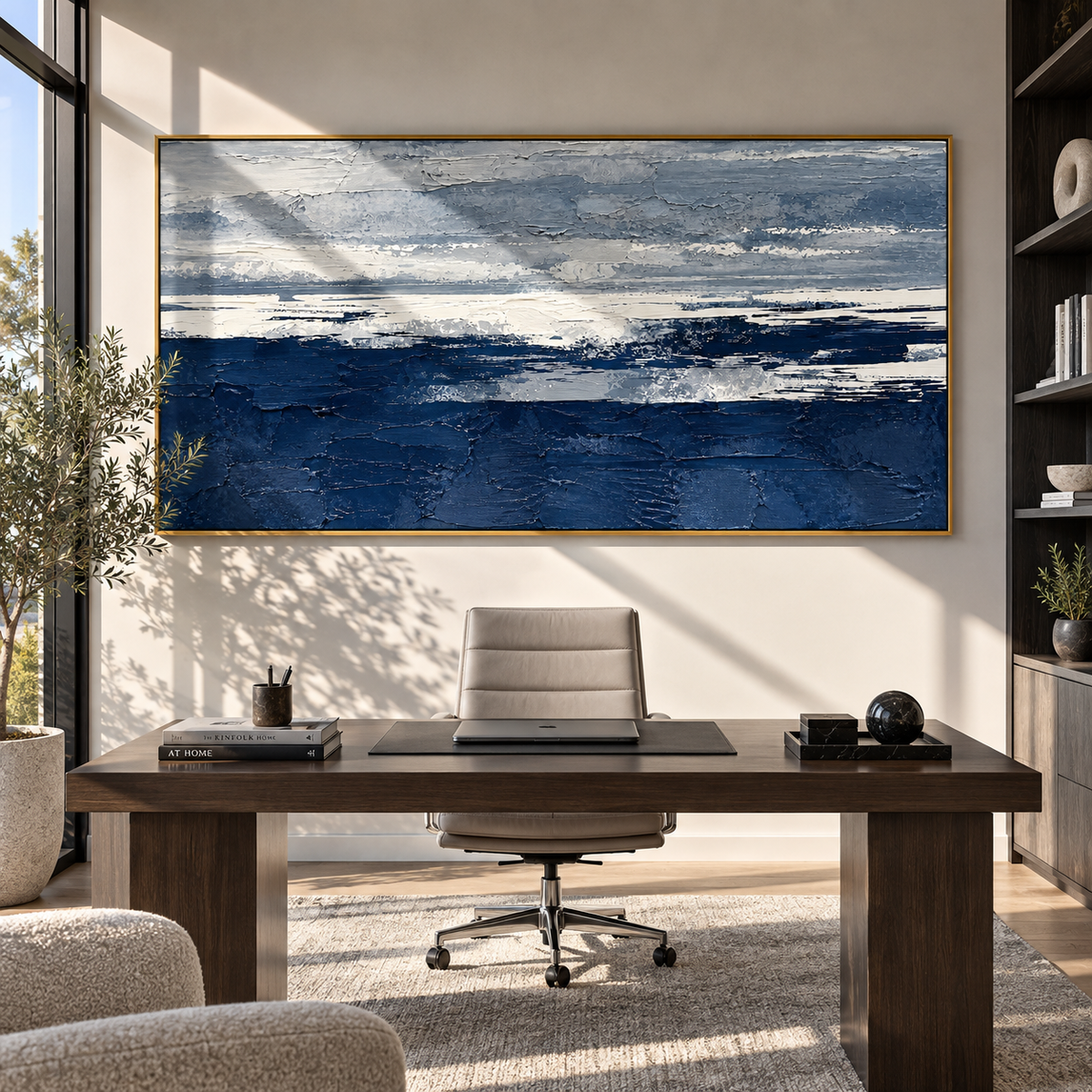 Deep Blue Shoreline wide painting styled as a refined focal point