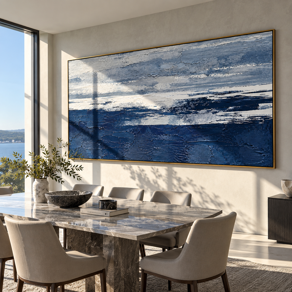 Deep Blue Shoreline displayed with natural materials and modern decor