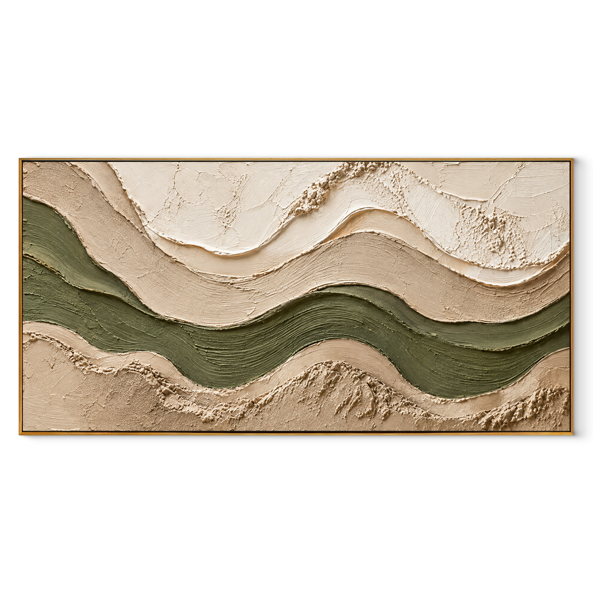 Olive River Between Sand panoramic canvas artwork in a wood frame on white