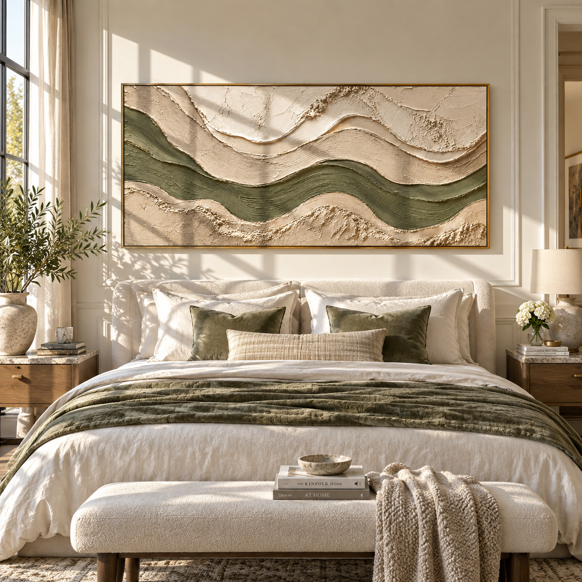 Olive River Between Sand textured wall art shown above contemporary furnishings