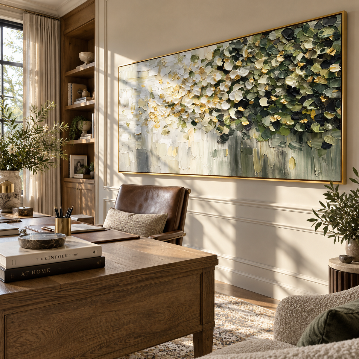 Blossoms Fade Into Green textured wall art shown above contemporary furnishings