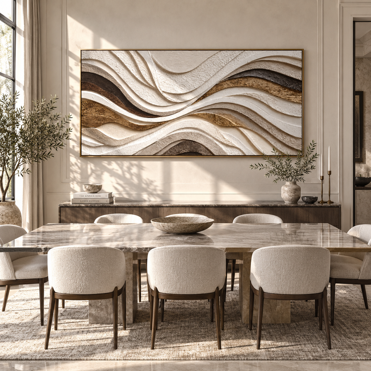 Earth Ribbons Interlace textured wall art shown above contemporary furnishings