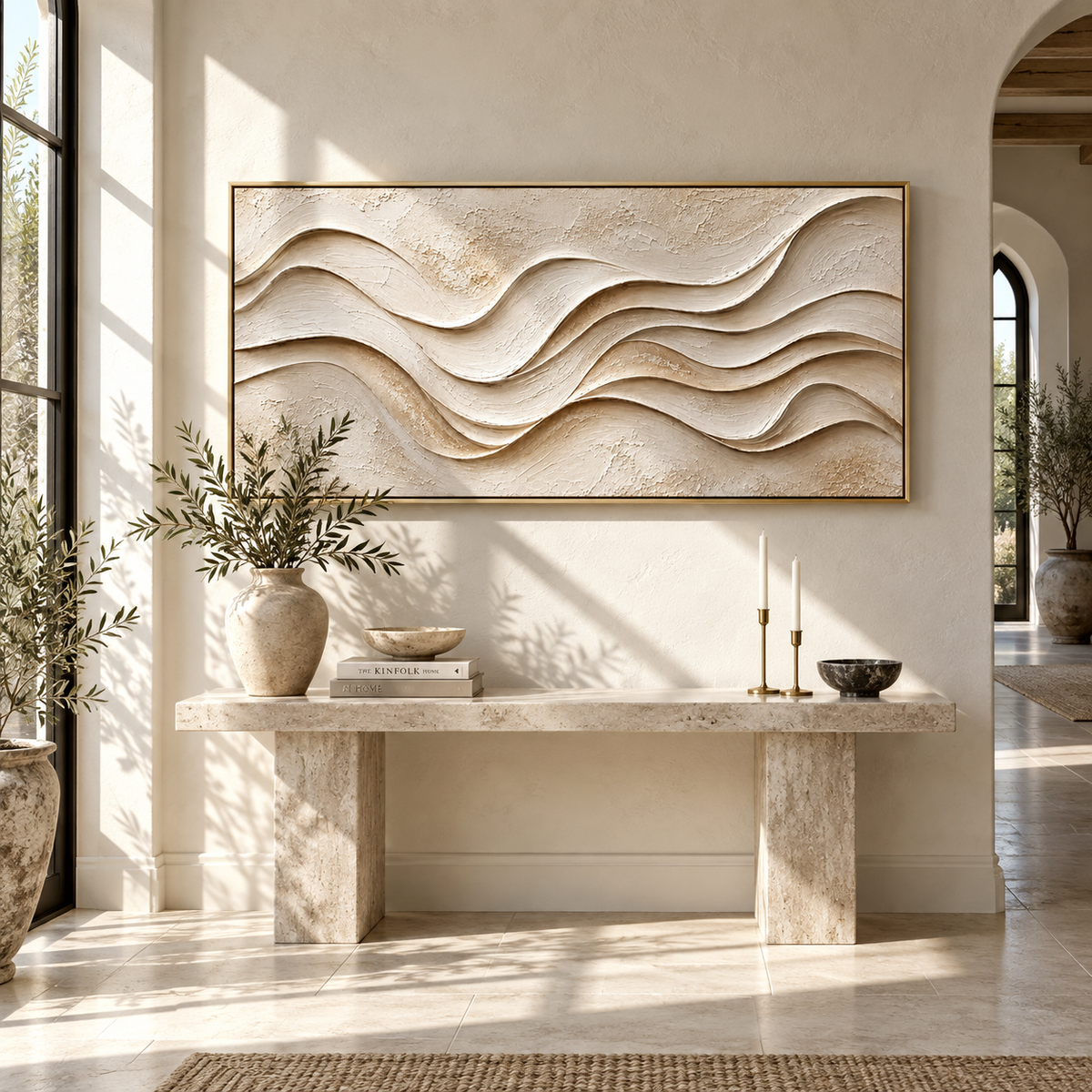 Ivory Waves Keep Time ivory beige minimalist relief painting displayed in a modern interior