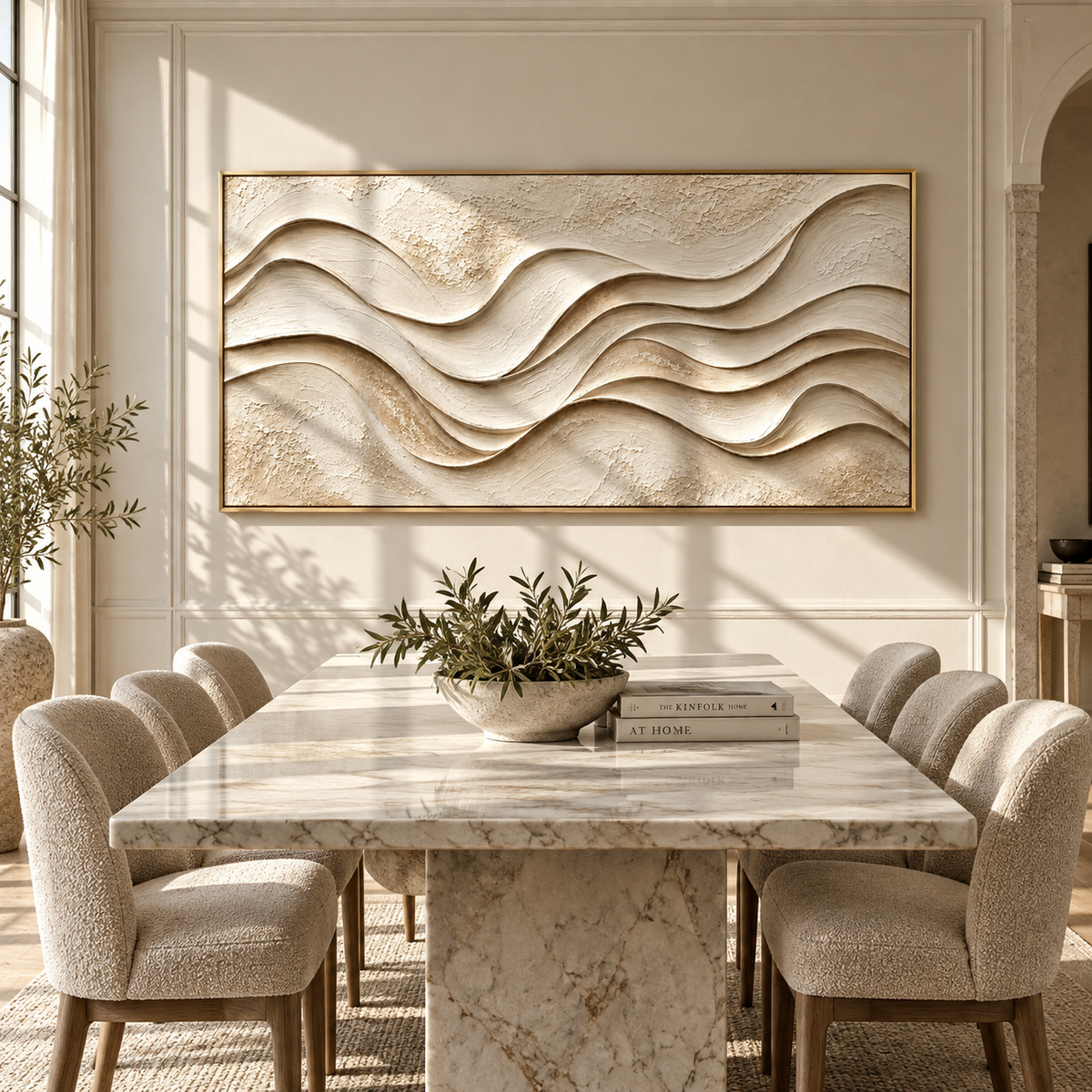 Ivory Waves Keep Time textured wall art shown above contemporary furnishings