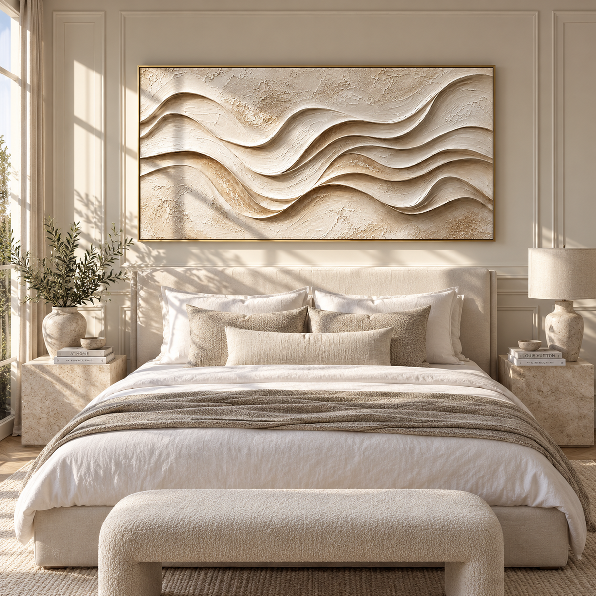 Ivory Waves Keep Time wide painting styled as a refined focal point