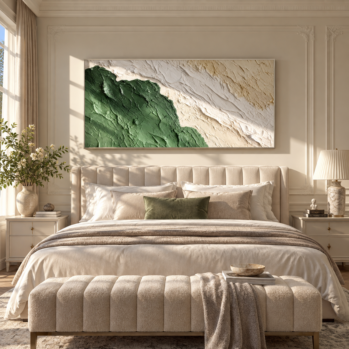 Green Field Meets Plaster green white minimalist abstract painting displayed in a modern interior