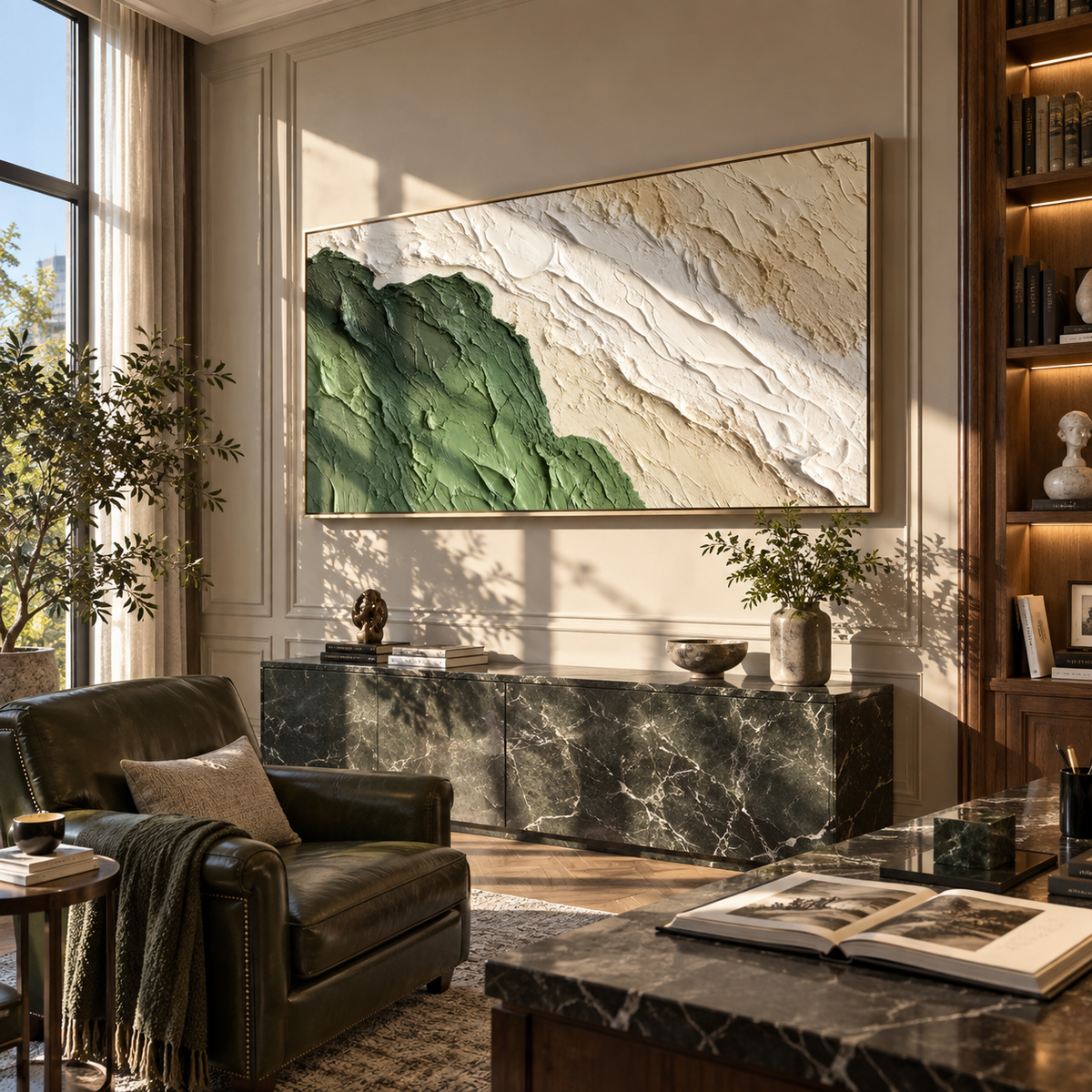 Green Field Meets Plaster wide painting styled as a refined focal point