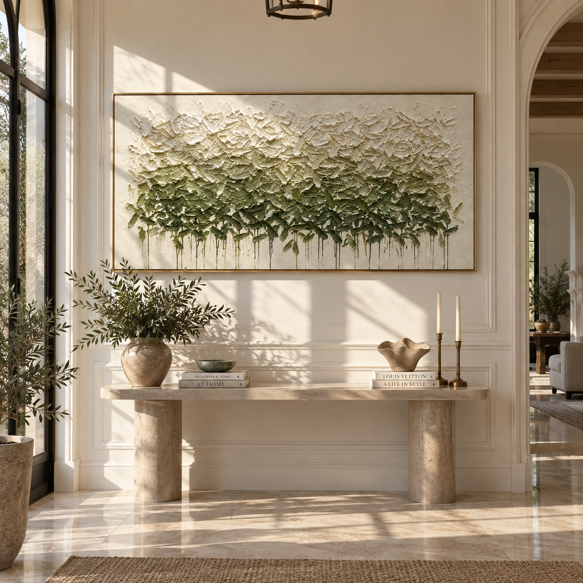 Forest Canopy Drips textured wall art shown above contemporary furnishings