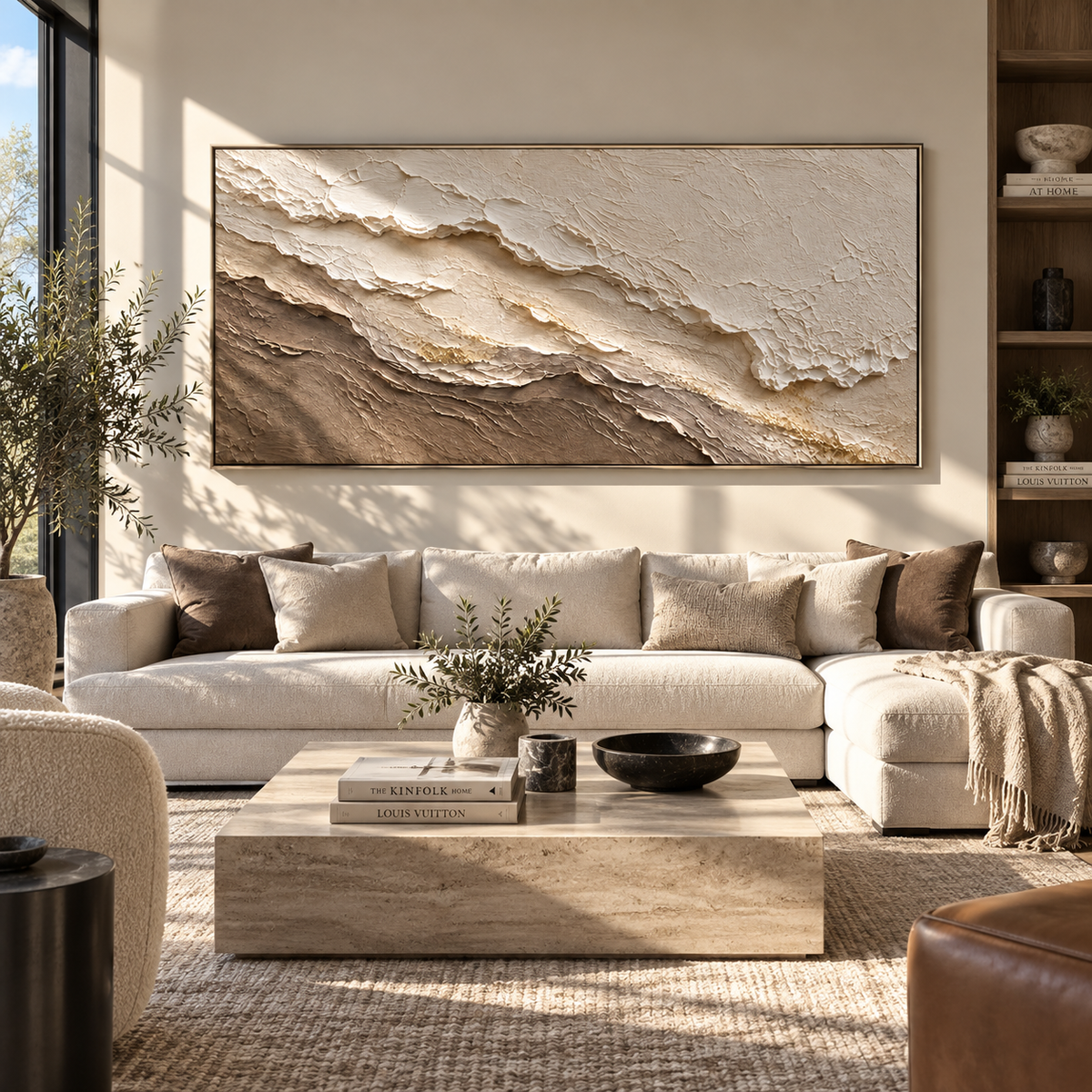 Stone Banks Drift taupe ivory layered abstract painting displayed in a modern interior