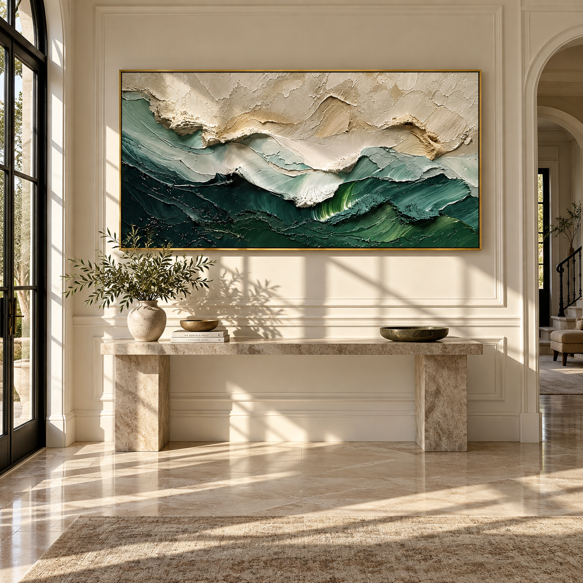 Emerald Breakers Rise textured wall art shown above contemporary furnishings