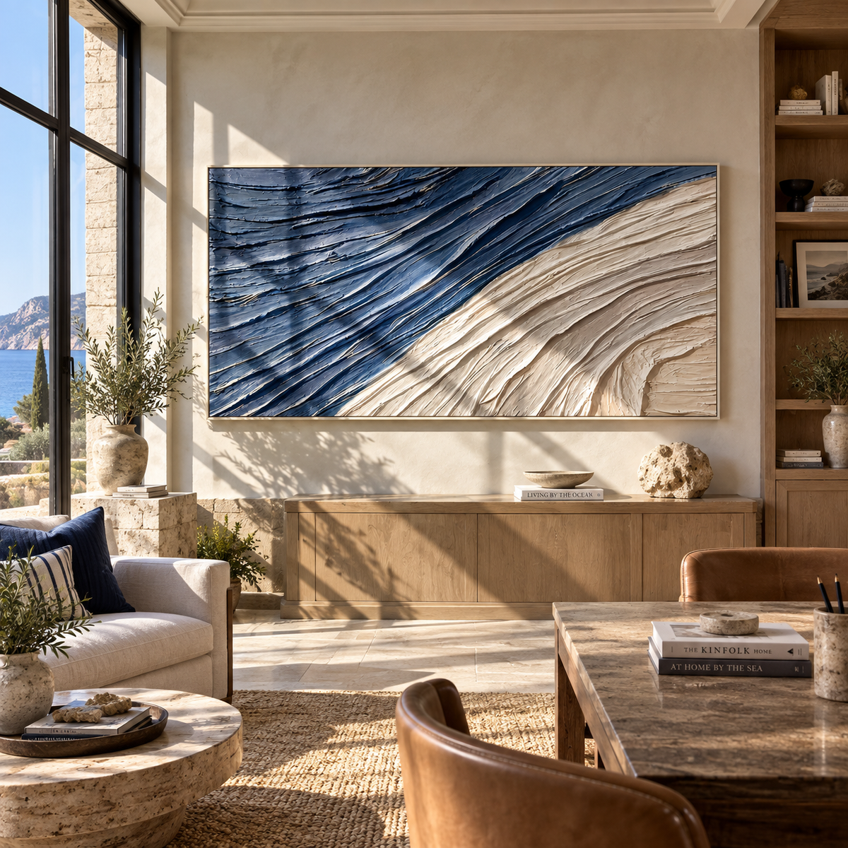 Indigo Current Turns wide painting styled as a refined focal point