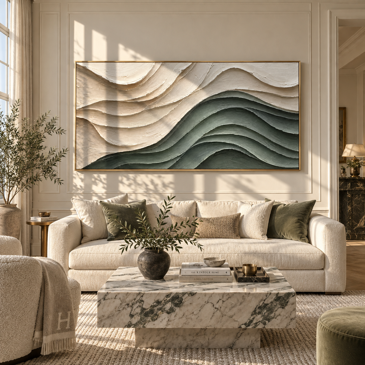 Sage Layers Under Ivory sage ivory layered relief painting displayed in a modern interior