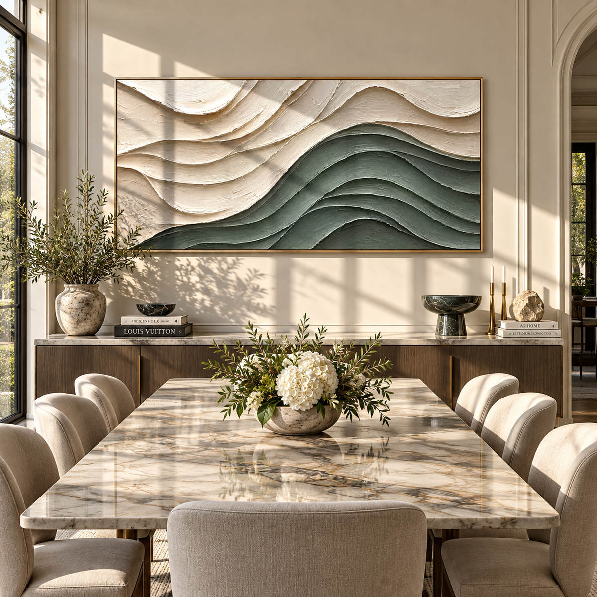 Sage Layers Under Ivory textured wall art shown above contemporary furnishings