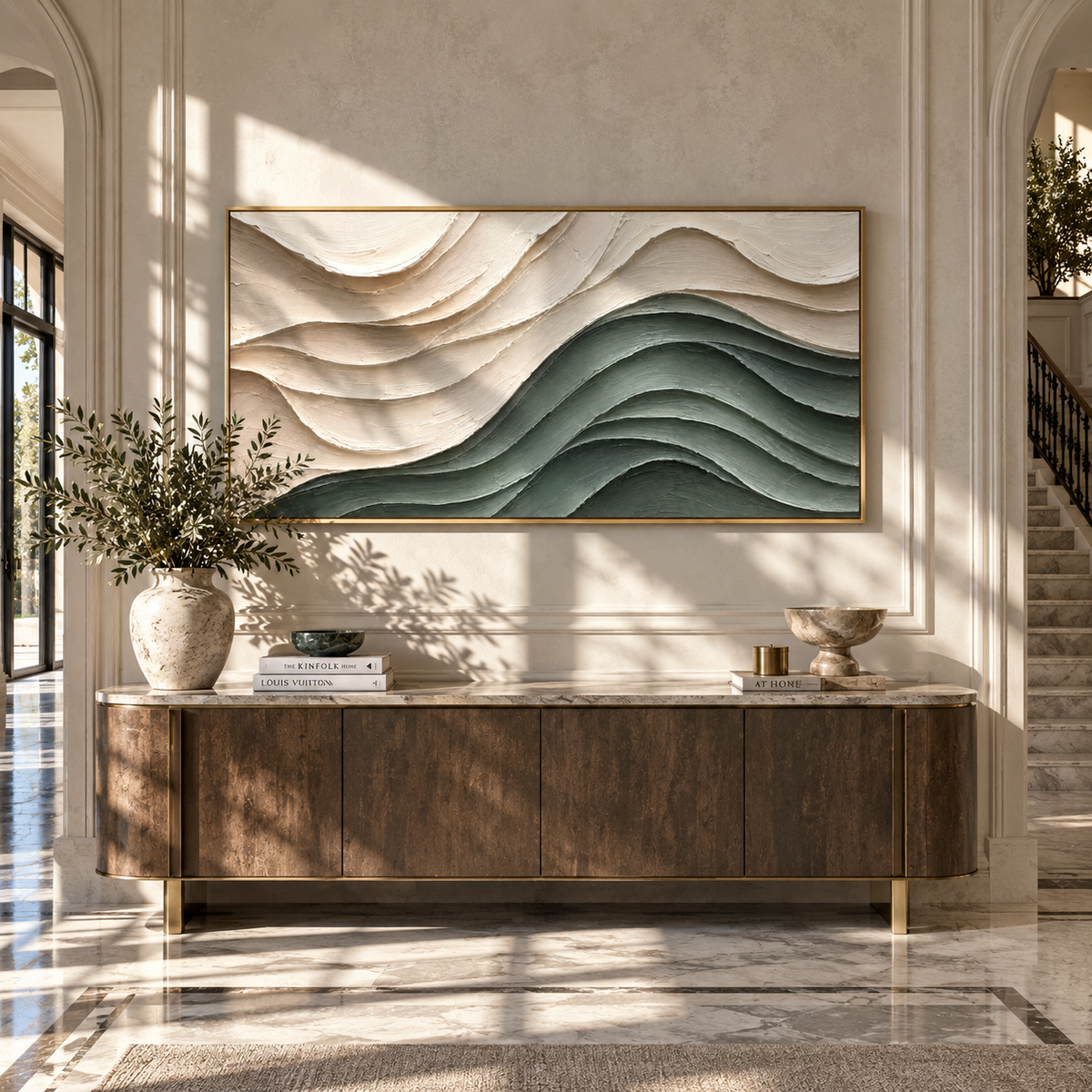 Sage Layers Under Ivory wide painting styled as a refined focal point