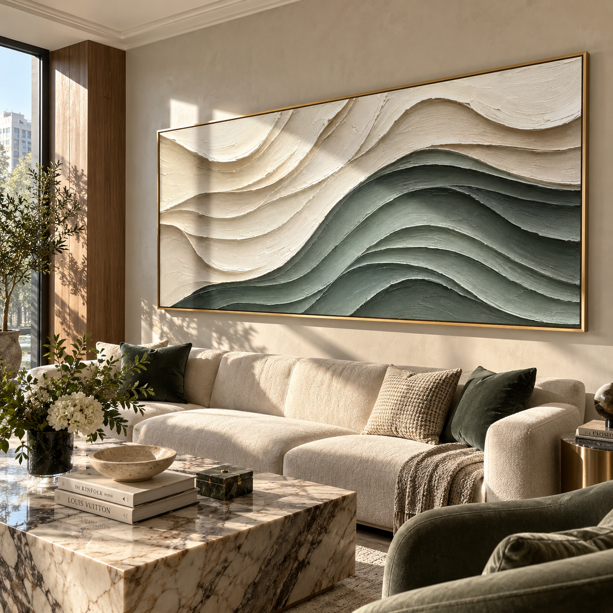 Sage Layers Under Ivory displayed with natural materials and modern decor