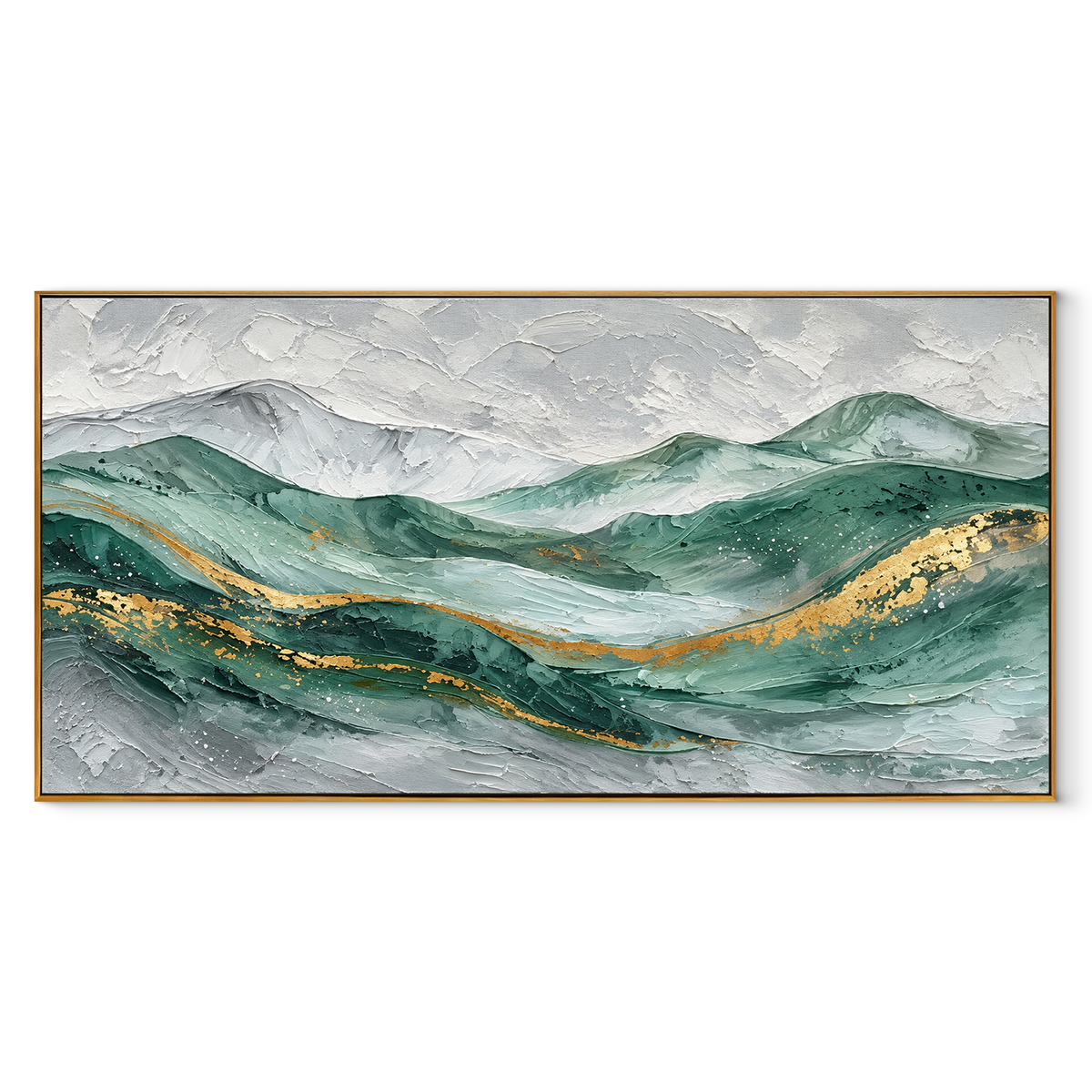 Gold Through Emerald Tides panoramic canvas artwork in a wood frame on white
