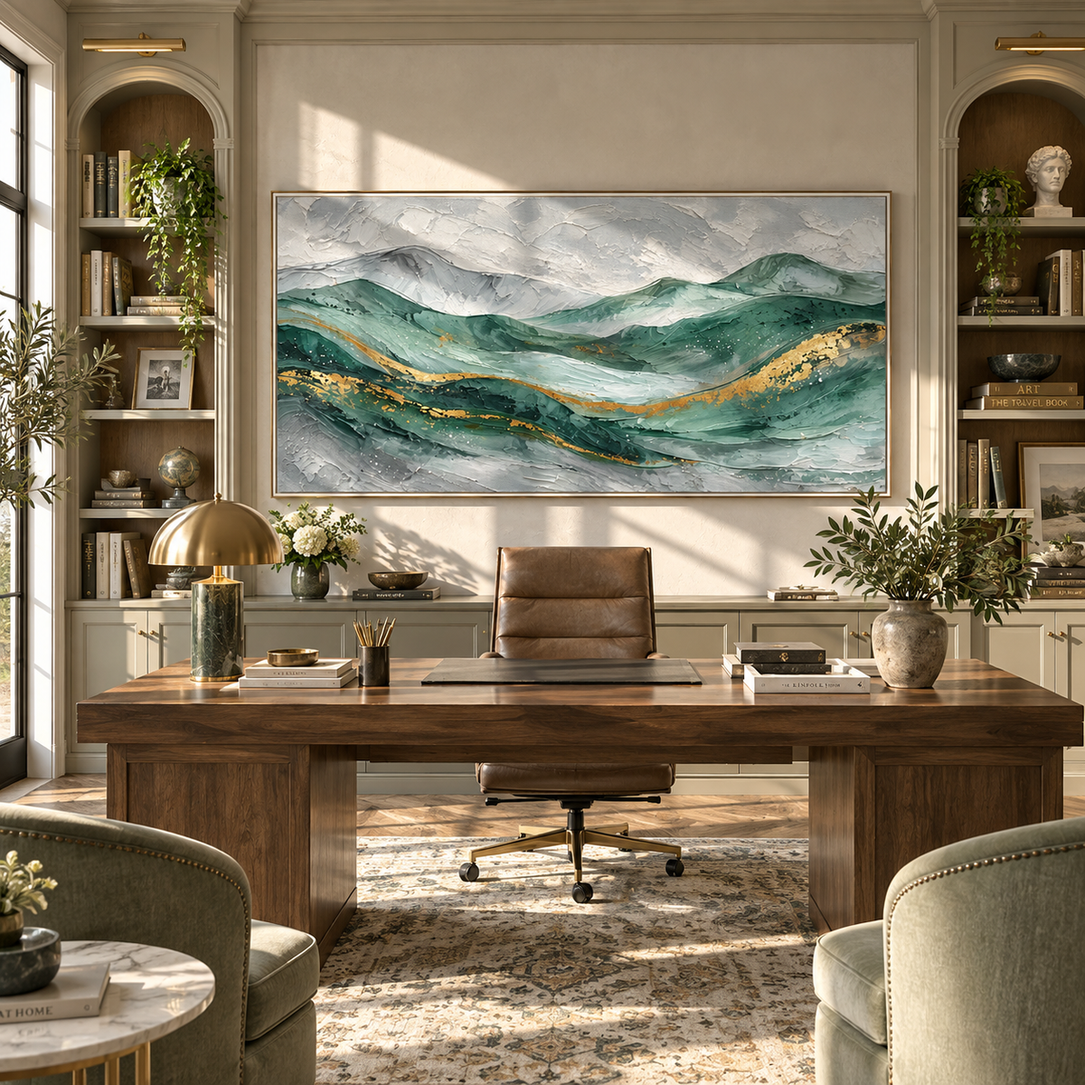 Gold Through Emerald Tides displayed with natural materials and modern decor