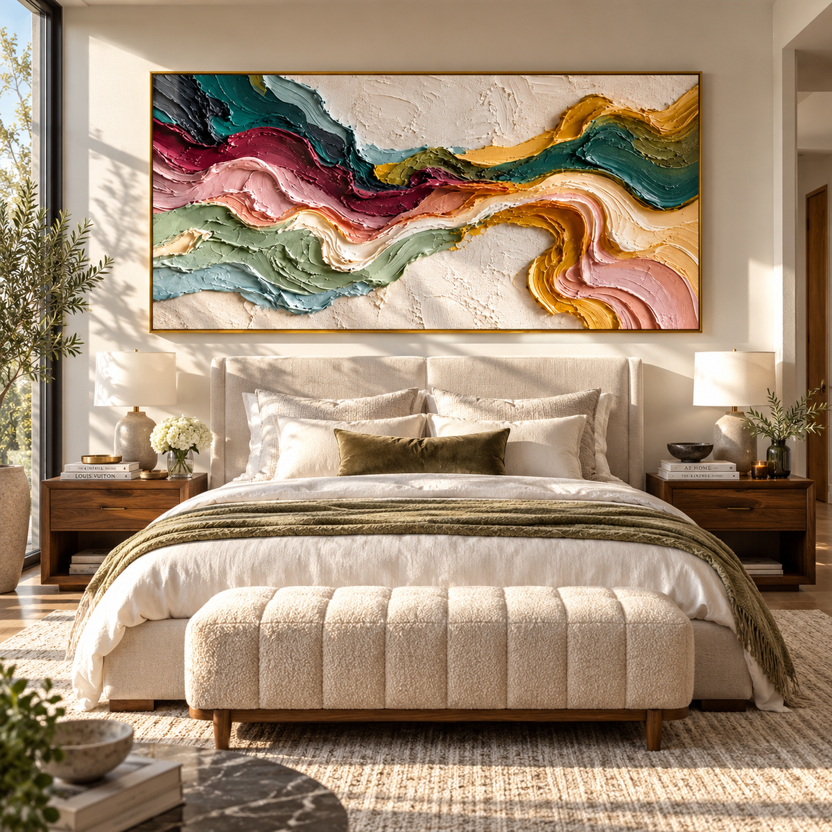 Color Rivers Through Ivory colorful flowing texture abstract painting displayed in a modern interior