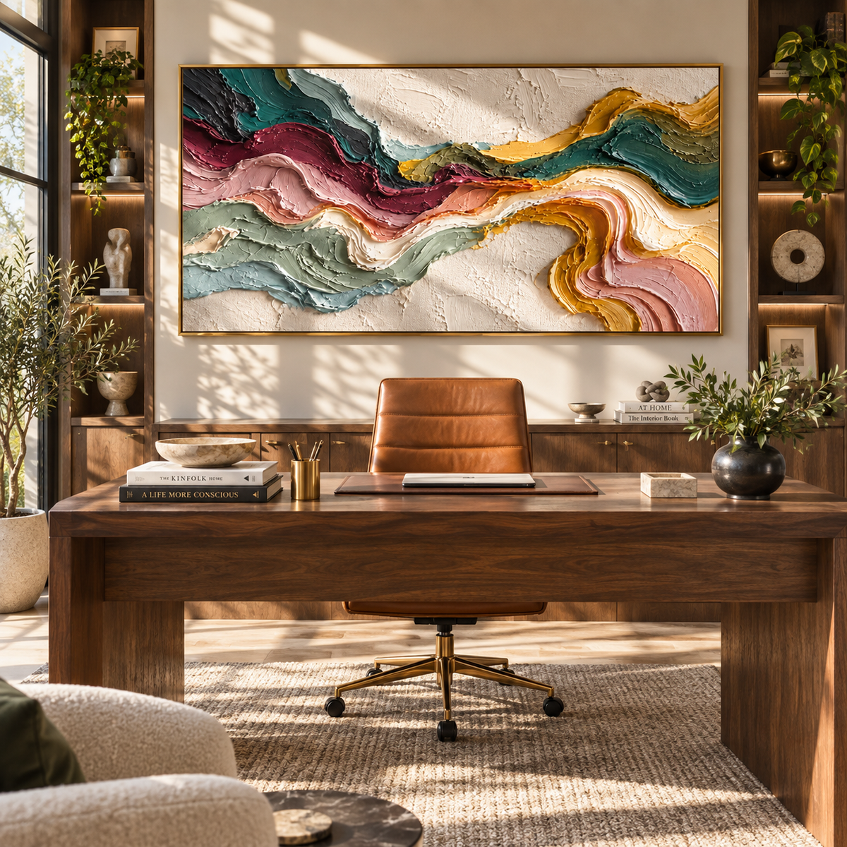 Color Rivers Through Ivory textured wall art shown above contemporary furnishings