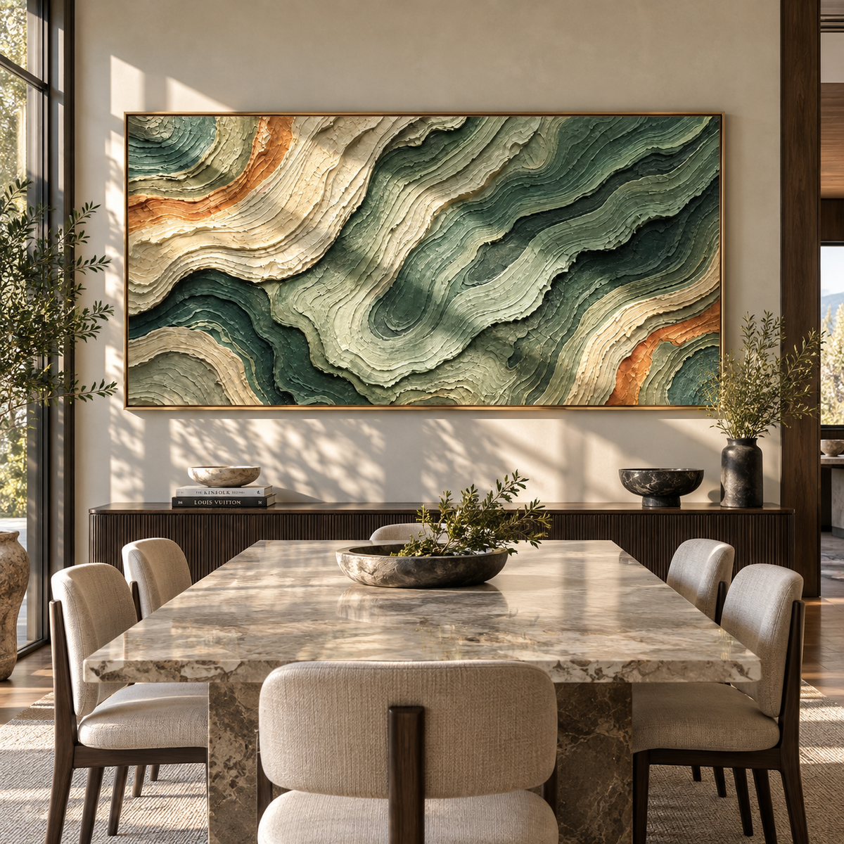 Forest Strata Drift textured wall art shown above contemporary furnishings