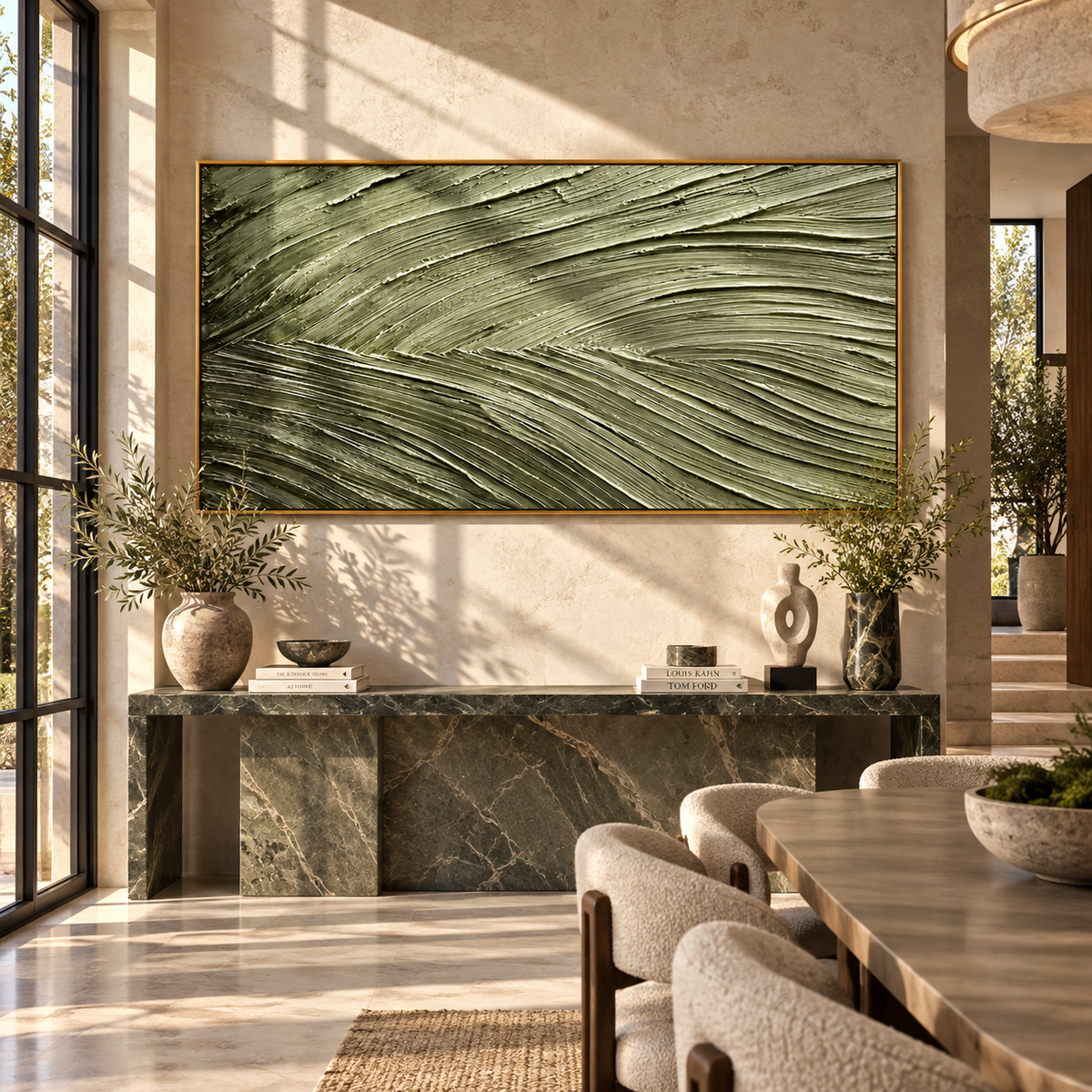 Olive Wind Lines textured wall art shown above contemporary furnishings
